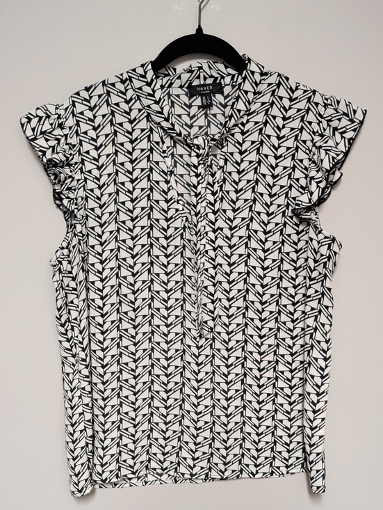 haver. Tops - Haver. Black & White Geometric Tie-Neck Flutter-Sleeve Blouse